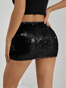 SHEIN PETITE Women's Black Sequin Mini Skirt: Sparkling Party Skirt For A Night Out - Black - View 2