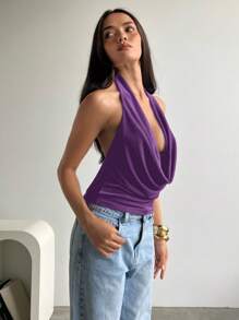 Aloruh 女士性感音乐节派对晚会日常外出和约会纯色闪光面料度假摇摆领露背针织吊带黑色背心 - 紫色 - 查看 3