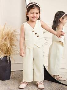 SHEIN 2pcs/Set Baby Girl White,Summer,Elegant,Birthday Casual Sleeveless Top & Asymmetrical Hem Buttoned Waistcoat With Straight Leg Pants Suit,Beige - Apricot - View 5