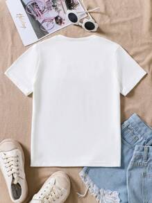 SHEIN Father And Daughter Girls Short Sleeve T-Shirt, Casual & Comfortable Round Neck Tee With Cute Printed Design, Summer - White - View 2