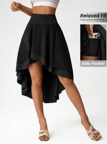 Easithlete Solid Color Asymmetric Hem Sports Mini Skort - Black - View 1