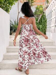 Tween Girl Vacation Casual Ditsy Floral Open Back Long Split Dress - Coral Pink - View 2