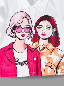 SHEIN Explorewe 3 قطع/مجموعة فتيات المراهقات في فصلي الربيع والصيف، أزياء الشارع الكاجوال فضفاضة، ملابس علوية بطبعة شخصية + توب بطبعة جرافيك + تنورة منبسطة منسقة، مناسبة للتنقل اليومي، الخروجات الكاجوال، التجمعات العائلية