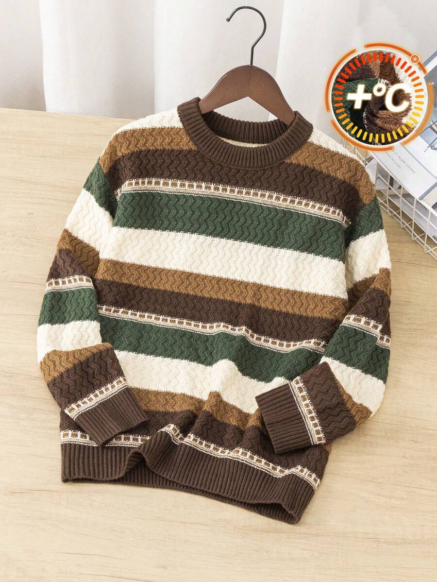 SHEIN Leap Crew Áo len dệt kim sọc dài tay cổ tròn Tween Boys - Cà phê nâu - Xem 1
