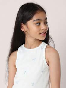SUMWON Top sin mangas con patrón de moño, de canalé, casual de verano, de atletismo, danza, gimnasio y yoga con bordado delicado para niñas. Camiseta de entrenamiento atlético juvenil para entrenamientos.