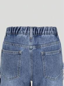 Tween Girls Moda Big Tween Girl Lavagem média Estrela de cinco pontas Apliques Bordado Desgastado Casual Cintura Elástica Denim Shorts - Lavagem Média - Ver 7