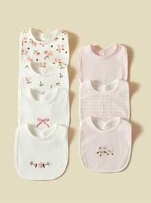 Set de 7 baberos para bebé, paños para eructar con estampado floral y de lazo, transpirables y absorbentes, para bebés niñas, primavera/verano