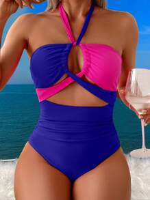 SHEIN Swim 女士拼色镂空吊带连体泳衣，度假海滩 - 寶藍色 - 查看 3