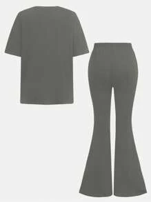 SHEIN 2 stuks Meisjes Casual Eenvoudige Ronde Hals Korte Mouw Top En Broek Set, Geschikt Voor De Zomer