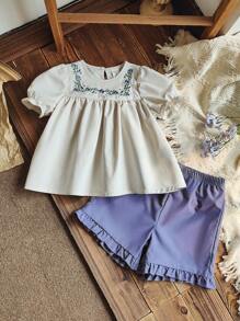Vintaside Kids 2 件年轻女孩休闲复古乡村风格刺绣花卉短袖上衣和短裤套装，适合夏季和户外度假