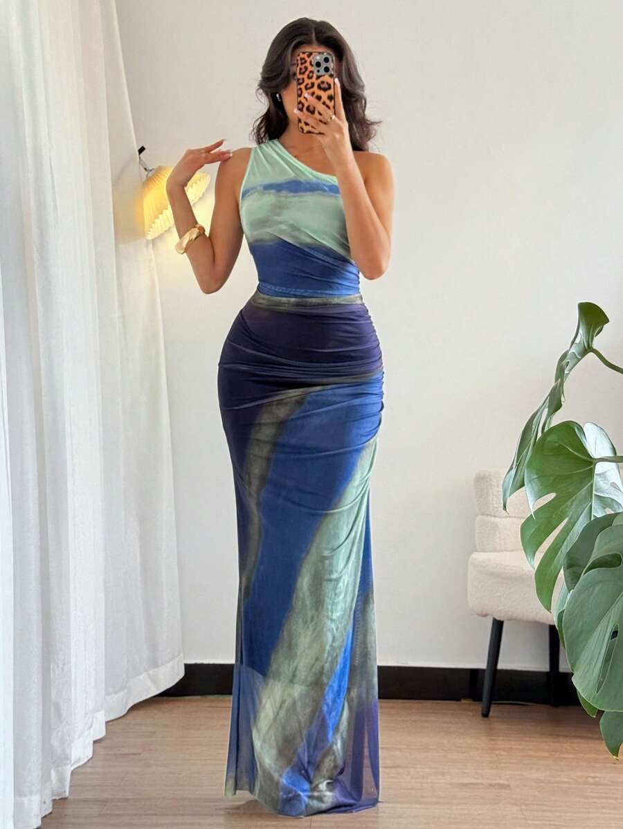 Chiquease Graduated Color High Slit Asymmetric Collar Ruched Tulle Dress Maxi Women Outfit - Light Wash - View 1