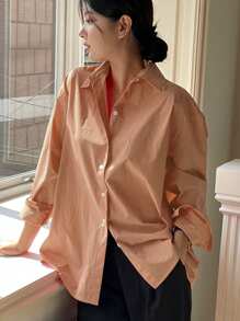 DAZY Women's Solid Color Long Sleeve Single Breasted Casual/Office Shirt - Coral Orange - View 6