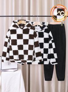 Tween Boy 2pcs Checkerboard Pattern Drop Shoulder Teddy Hoodie & 1pc Pants