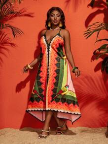 Slaydiva 大码女式无袖 V 领不对称下摆彩色几何印花细肩带连衣裙，休闲度假装 - 彩色 - 查看 7