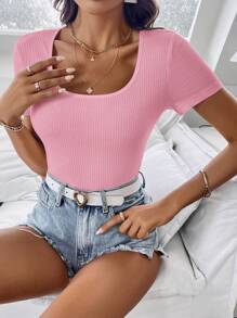 SHEIN Clasi Women's Solid Color Short Sleeve Round Neck Minimalist Fashion T-Shirt, Suitable For Summer