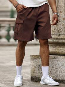 Manfinity Homme Plus Size Men's Summer Drawstring Waist Casual Cargo Shorts - Coffee Brown - View 3