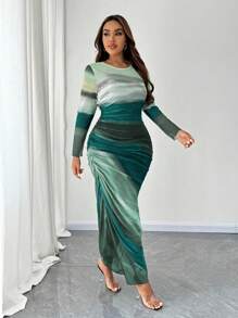 SHEIN Clasi 网眼紧身连衣裙，简约休闲风格，适合日常穿着的长款女装 - 綠色 - 查看 4