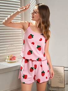2 件青少年女孩休闲草莓和心形印花吊带背心和短裤睡衣套装，粉色 - 粉色 - 查看 3