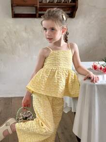 LMoss Kids Bộ đồ đôi LMoss dành cho bé gái, gồm áo hai dây xếp ly màu trơn và quần ống rộng, thích hợp cho mùa xuân và mùa hè, màu vàng, dành cho bé gái nhỏ, quần áo trẻ em 4 tuổi. - Màu vàng - Xem 5