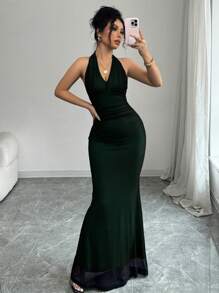 Rafferiza Váy lưới xếp ly cổ chữ V xòe đuôi cá thanh lịch có lớp lót màu hồng cánh sen dành cho nữ, mùa thu/đông - Nhiều màu - Xem 8
