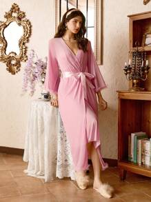 Romantic Lace Contrast Mesh Robe And Camisole Nightgown Sleepwear Set For Women - Pink - View 7