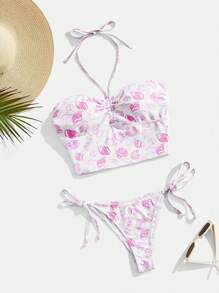 SHEIN MOD Women's Shell Print Beach Camisole & Bikini 2pcs Set - Baby Pink - View 1