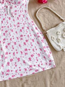 SHEIN WYWH Đầm ôm sát mini dây rút họa tiết hoa Ditsy, phong cách thường ngày/nghỉ dưỡng, xanh dương và trắng - Hồng - Xem 6