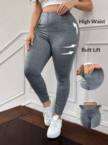 SHEIN Privé Plus Size Women All-Match Black Leggings With Zipper, Waist Cinching, Autumn/Winter, Versatile