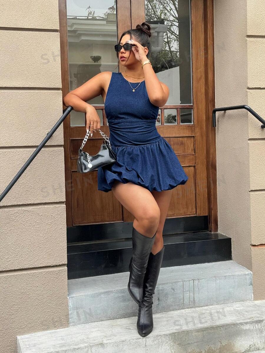 SHEIN ICON Vestido de mezclilla mini con espalda abierta, volante con estampado floral y talla grande - Azul - Ver 1