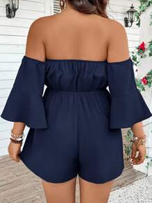 SHEIN VCAY Plus Size Women Off Shoulder Flare Sleeve Solid Color Jumpsuit, Suitable For Vacation - Navy Blue - View 2