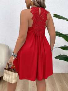 SHEIN VCAY Plus Size Backless Green Floral Print Spaghetti Strap Casual Vacation Dress Lace - Red - View 4