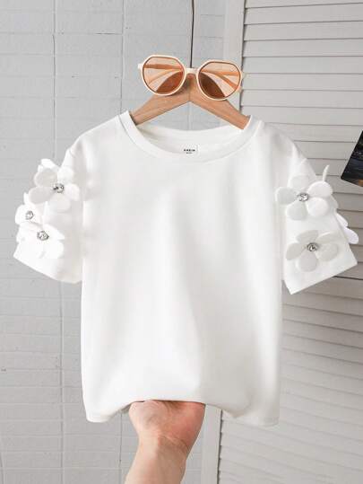 SHEIN Tween 女童休闲优雅度假手工 3D 花卉装饰圆领修身短袖针织上衣
