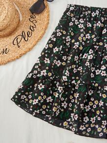 Flirla 2pcs/Set Ditsy Floral Ruffle Sleeve Top And Mini Skirt - Black - View 3