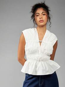 MISSGUIDED Thanh lịch Ruched Peplum Không tay Hàng đầu Mùa hè Mùa xuân Thắt lưng Áo bông phía trước Đa năng Công sở Trang phục giản dị Thu thập Eo Chuyên nghiệp - trắng - Xem 6