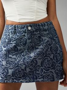 MISSGUIDED Minifalda de mezclilla con estampado de rosas, jacquard de talle alto con corte evasé, falda corta con estampado floral vintage para primavera, verano, festivales, fiestas y uso casual - Azul lavado oscuro - Ver 4