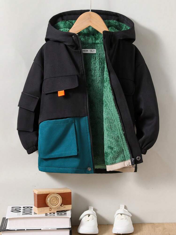 Young Boy Street Style Loose Fit Contrast Colored Patchwork Hooded Jacket With 3d Pockets, Thermal Lined , Perfect For Fall And Winter