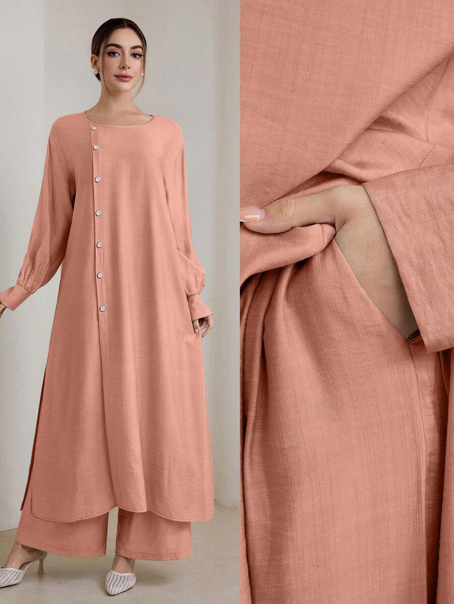 Graceveil 2 件套女士休闲纯色单排扣长袖套装 - 藕粉色 - 查看 1