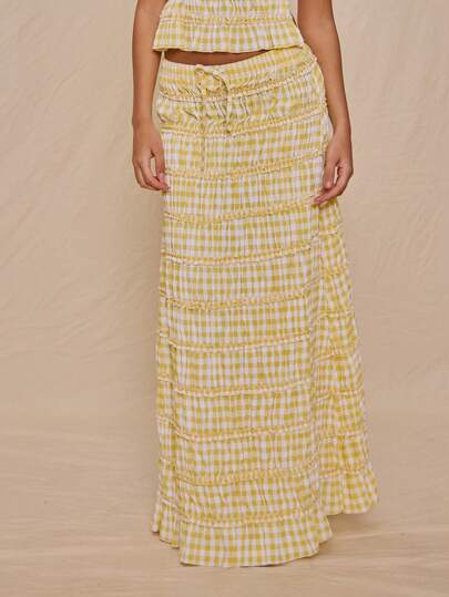 MUSERA 低腰抽绳前褶皱格纹宽松长裙，仅限夏季度假，可爱优雅甜美，适合感恩节出行