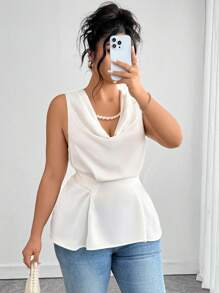 SHEIN Unity 大码女式优雅纯色斜领系腰蝴蝶结荷叶边下摆无袖衬衫，时尚设计，适合派对、商务、休闲装、春夏 - 杏色 - 查看 5