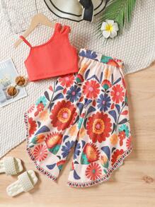 SHEIN Wildeya Kleine Mädchen 2-teiliges Set bestehend aus einfarbigem Top und Hose mit Blumenmuster für den Sommerurlaub