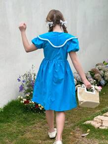 SHEIN Explorewe 青少年女孩加大领子荷叶边袖蝴蝶结装饰休闲连衣裙，韩版 - 藍色 - 查看 2