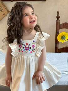 LMoss Kids Baby Girl Ditsy Floral Ruffled Collar Woven Dress - Green - View 1