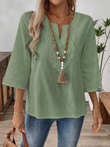 EMERY ROSE Women's Solid Color Contrast Lace 3/4 Sleeve Casual Shirt - Mint Green - View 5