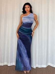 Rafferiza 渐变色高开叉不对称领褶皱薄纱长裙女装 - 深色水洗藍 - 查看 5