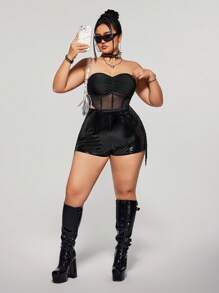 SHEIN ICON Women's Summer Fashionable Sexy Solid Color Low-Waist PU Leather Y2K Black Mini Shorts,Music Festival Fringed Shorts,Western Wear Women