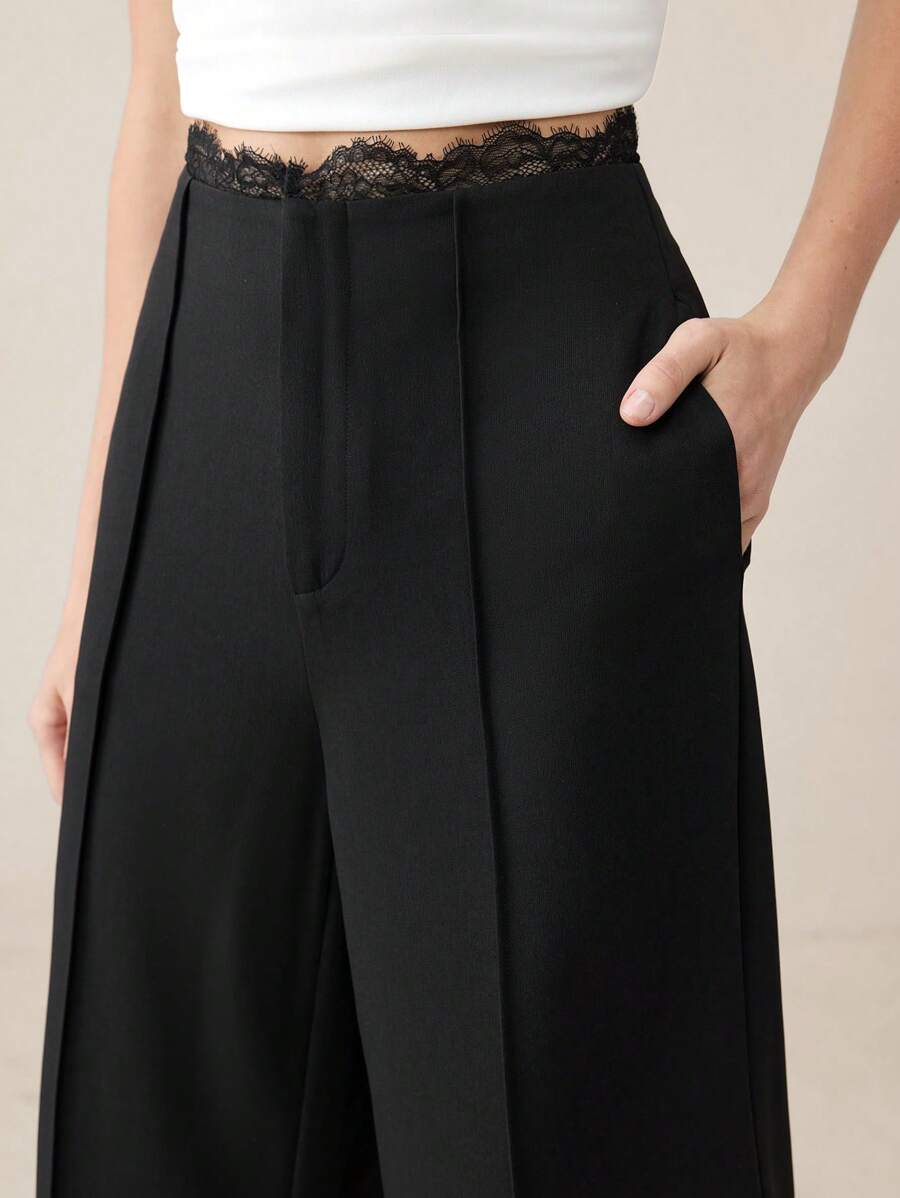BizChic Sheer Lace Black Wide Leg Pants For Women, Modern Elegant Urban Commute Everyday Versatile 90s Retro Christmas New Year, Romantic Valentine's Day Party Beach Graduation Fashion Carnival Holiday Minimalist Suitable For Wedding Guest, Host, Date, Party, Concert, Brunch, Airport, Multi-Occasion - Black - View 1