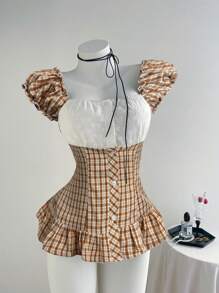 SHEIN Unity 女式复古绿色格子拼布刺绣碎花短袖衬衫，夏季时尚