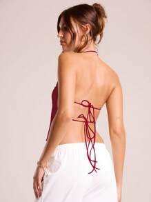 MUSERA 露背吊带褶皱前襟上衣，春夏休闲度假性感机场款 - 酒紅色 - 查看 2