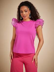 Vixey Top casual en jersey à manches volantées en organza, style bohème, brunch pour femmes, vacances, printemps, été, Pâques