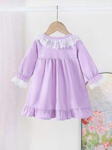 Pijama elegante de algodón para niña bebé con detalles de encaje en manga larga, ropa cómoda para el hogar en vacaciones de verano - Morado - Ver 2